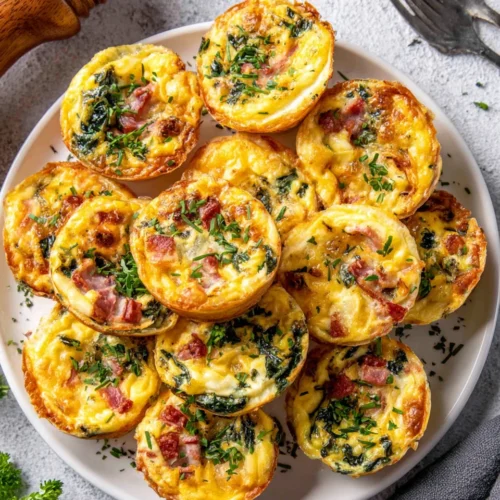 Muffin Tin Mini Quiche: A Delightful Family Favorite 1 Muffin tin mini quiche with ham, spinach, and cheese on a white plate
