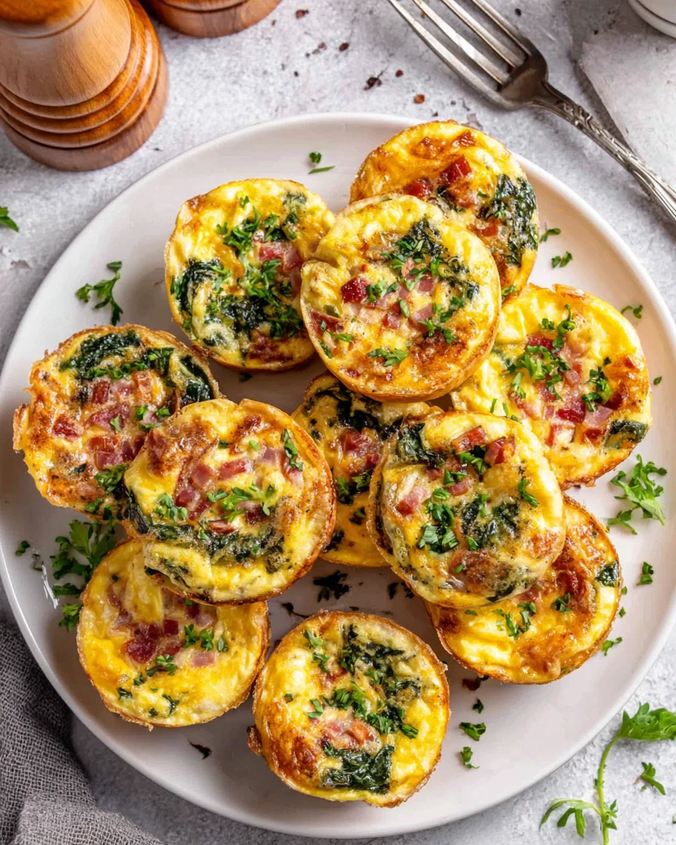 Muffin Tin Mini Quiche with Ham and Spinach Muffin tin mini quiche with ham, spinach, and cheese on a white plate