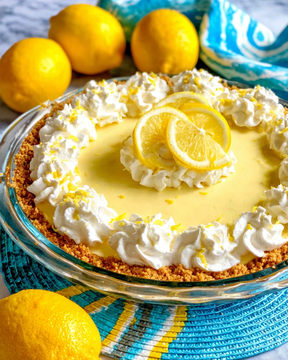 No-bake lemon icebox pie with graham cracker crust, whipped cream, lemon slices, and zest on a colorful plate