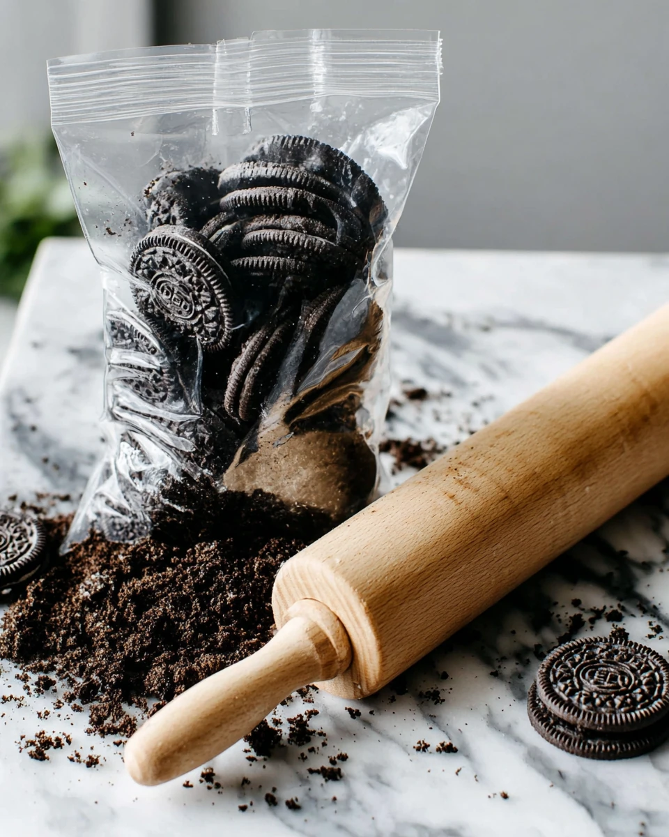 No-bake Oreo cheesecake bars base preparation with crushed Oreos and rolling pin