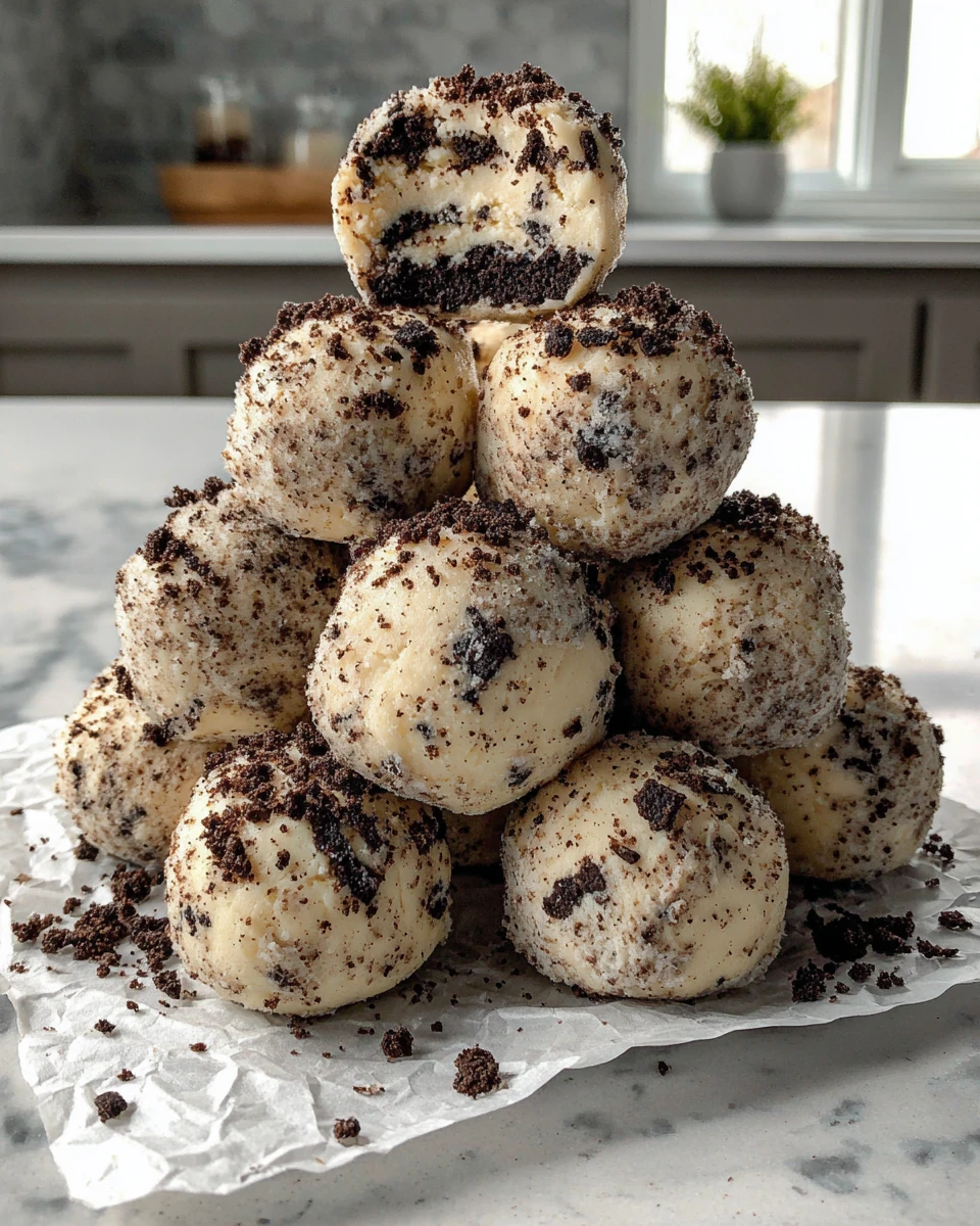 No-bake Oreo cheesecake balls with Oreo crumbs on parchment paper
