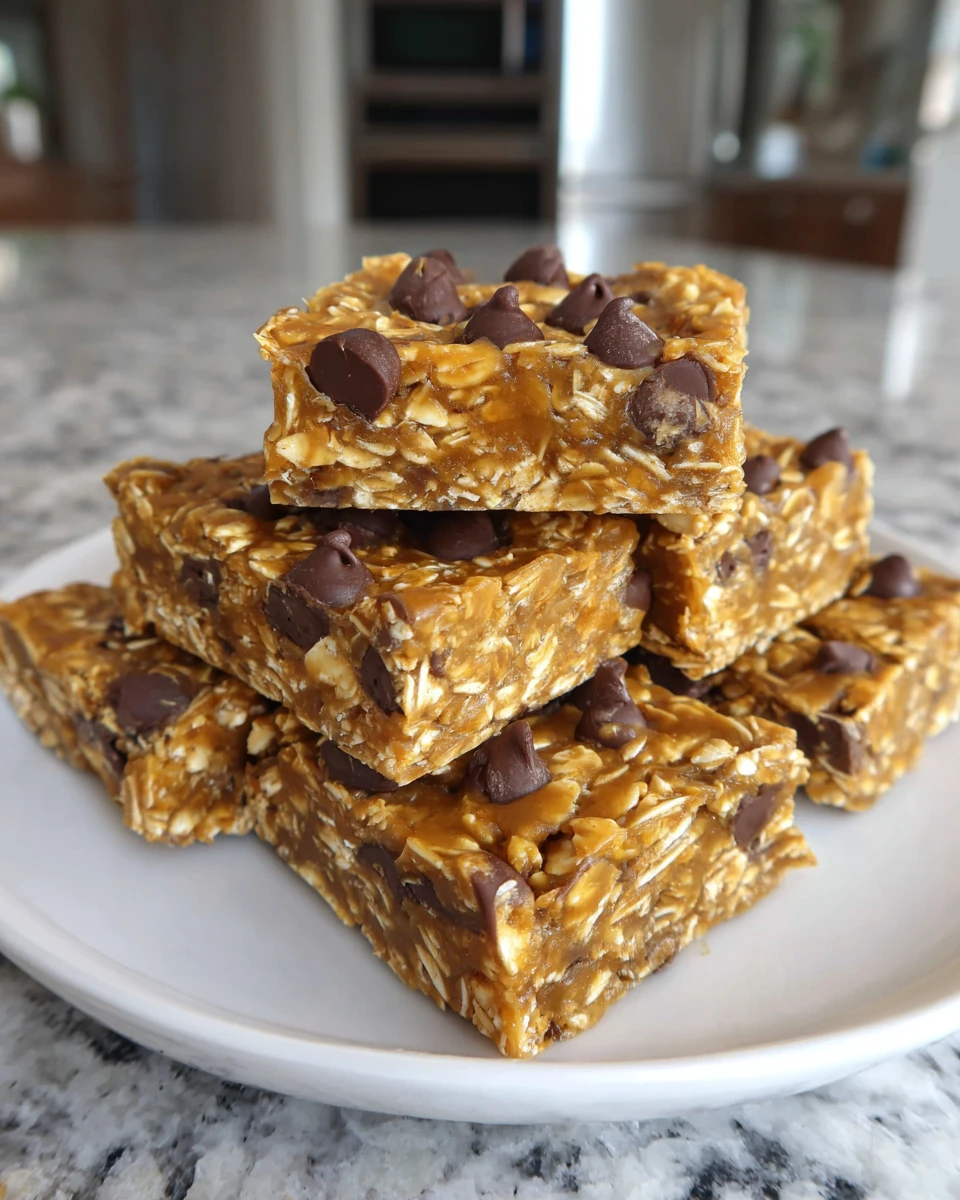 No-bake peanut butter bars with oats and chocolate chips on a white plate
