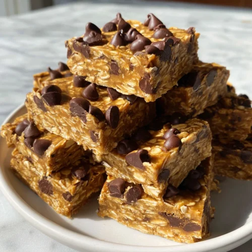 No-bake peanut butter bars with oats and chocolate chips on a white plate