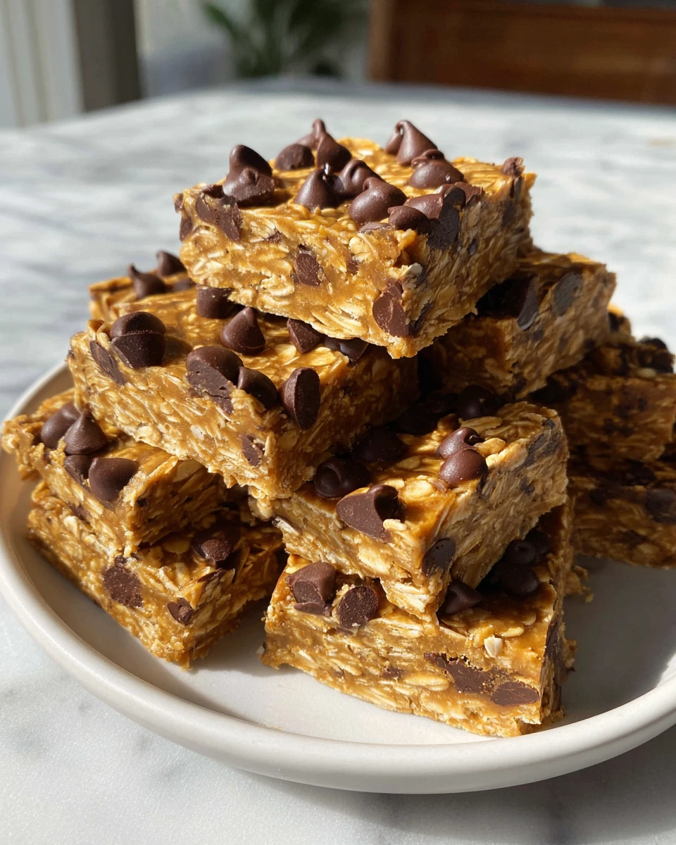 No-bake peanut butter bars with oats and chocolate chips on a white plate