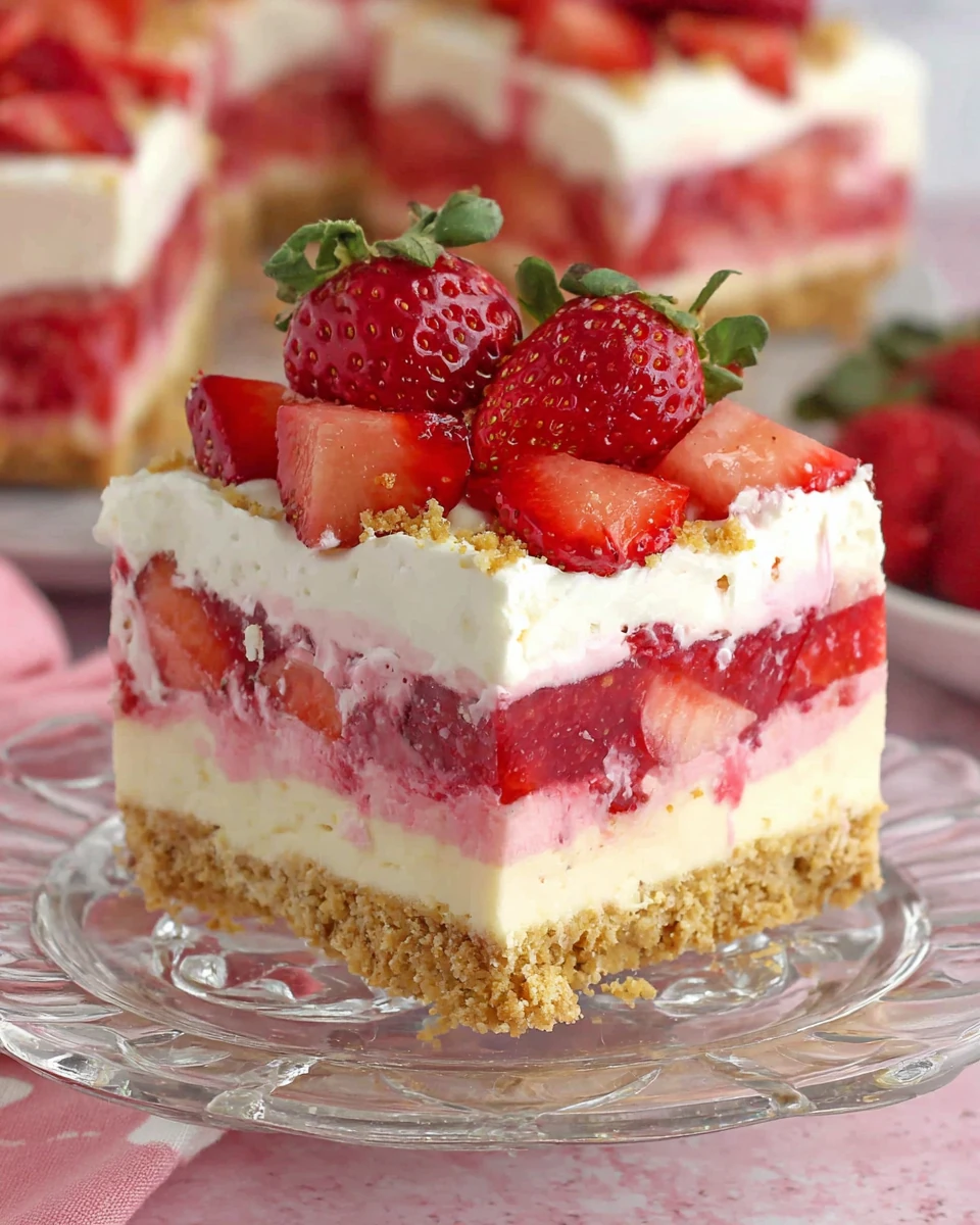 No-bake strawberry delight dessert slice with layers of cream cheese and strawberries.