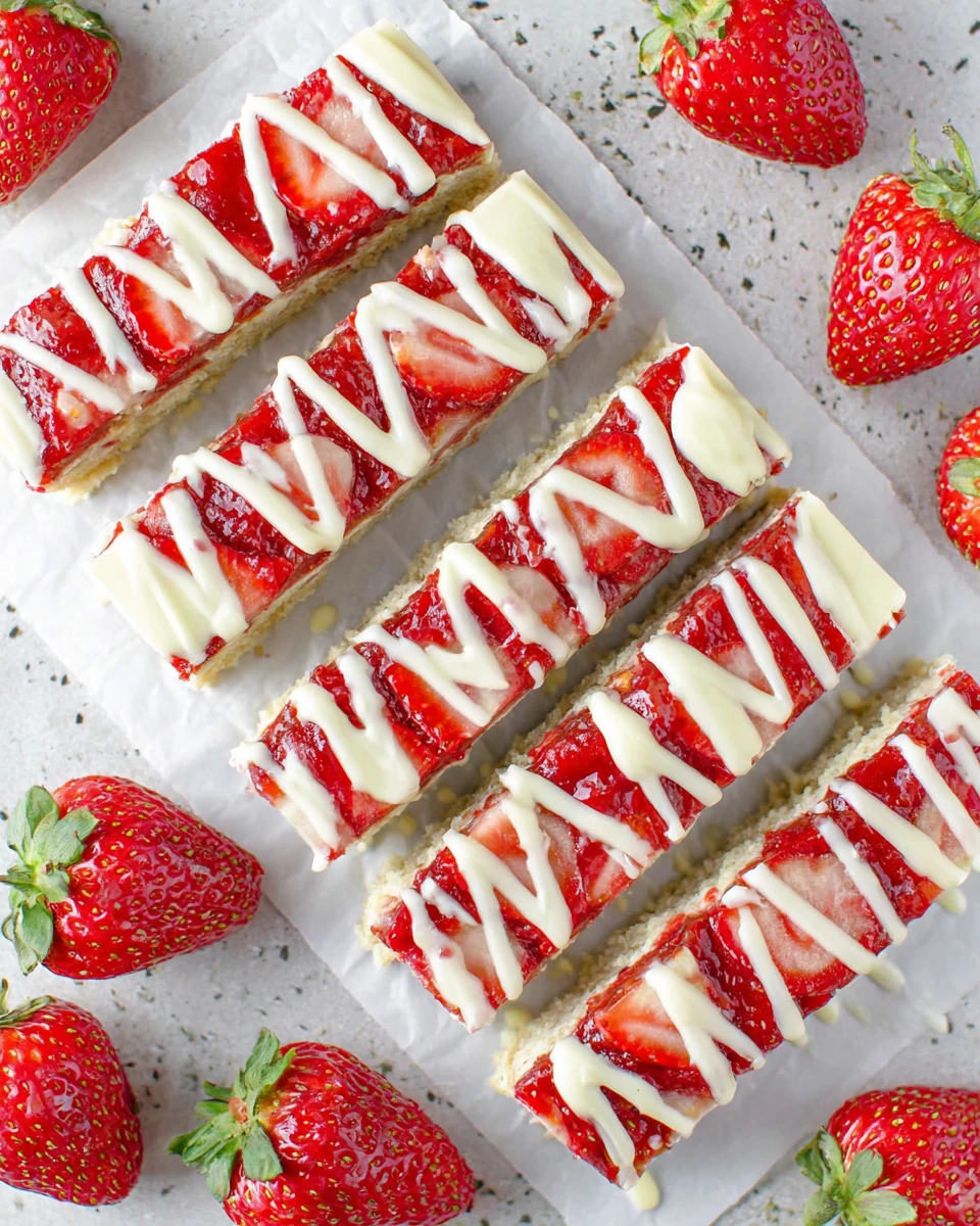 No-bake strawberry dream bars topped with fresh strawberries.