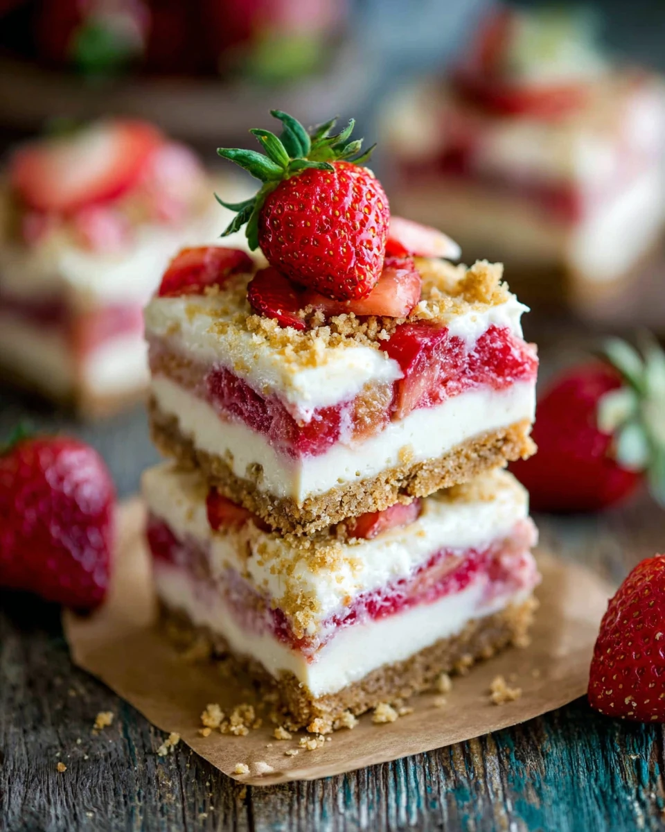 Delicious no-bake strawberry shortcake cheesecake bars, perfect summer dessert.