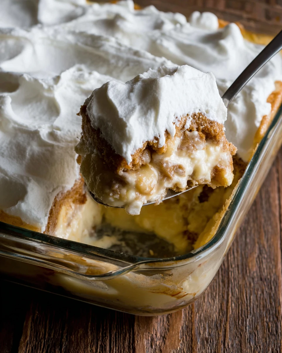 Old-fashioned banana pudding with whipped cream and a spoon, layered with bananas and vanilla wafers