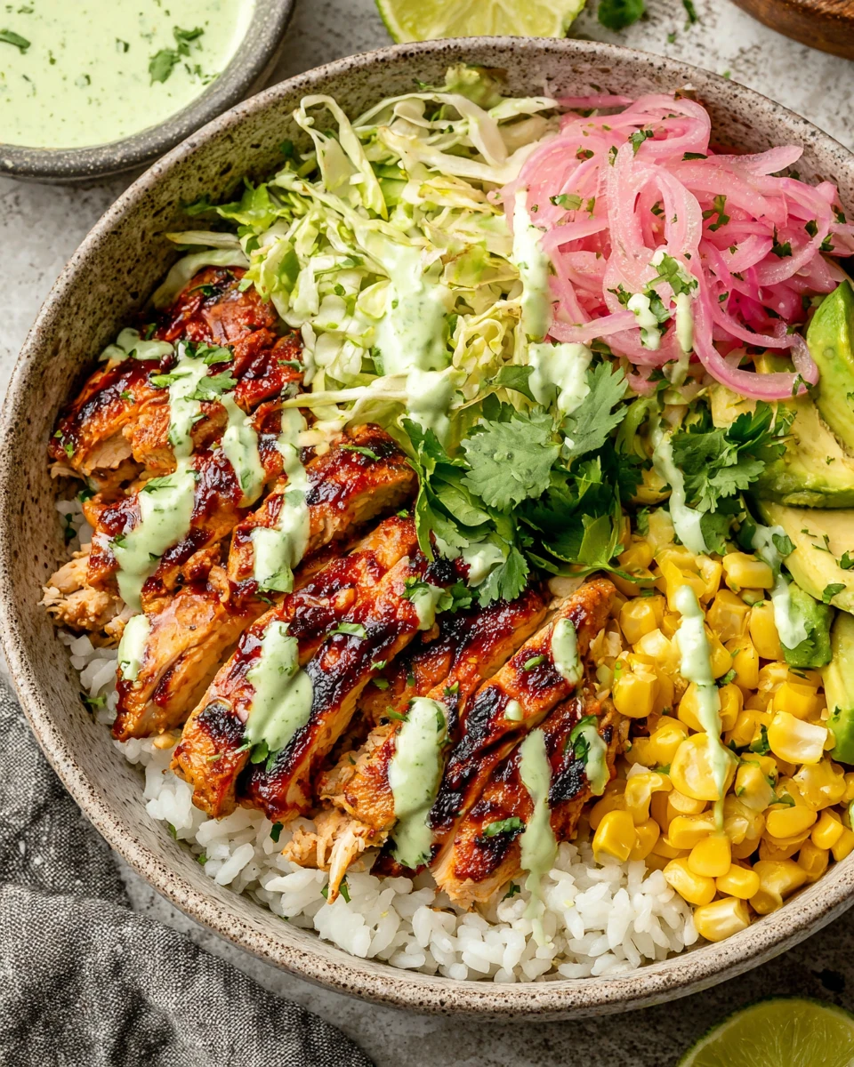 Oven Baked BBQ Chicken Rice Bowl with Cilantro Ranch Oven baked BBQ chicken rice bowl with corn, avocado, and pickled onions