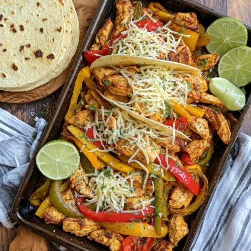 Oven baked chicken fajitas: juicy chicken, vibrant veggies, and tortillas.