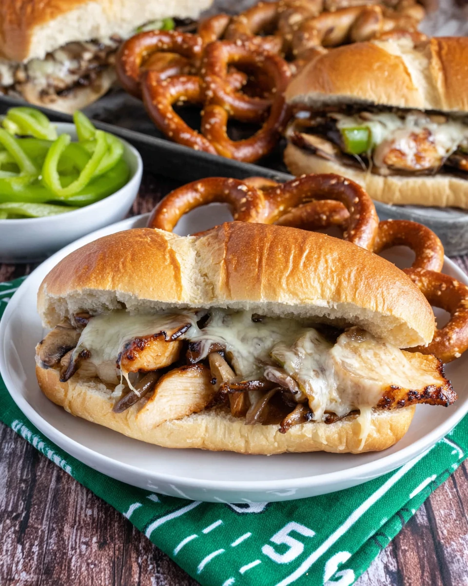 Penn Station Chicken Teriyaki Sub with melted cheese and vegetables, served with pretzel sticks