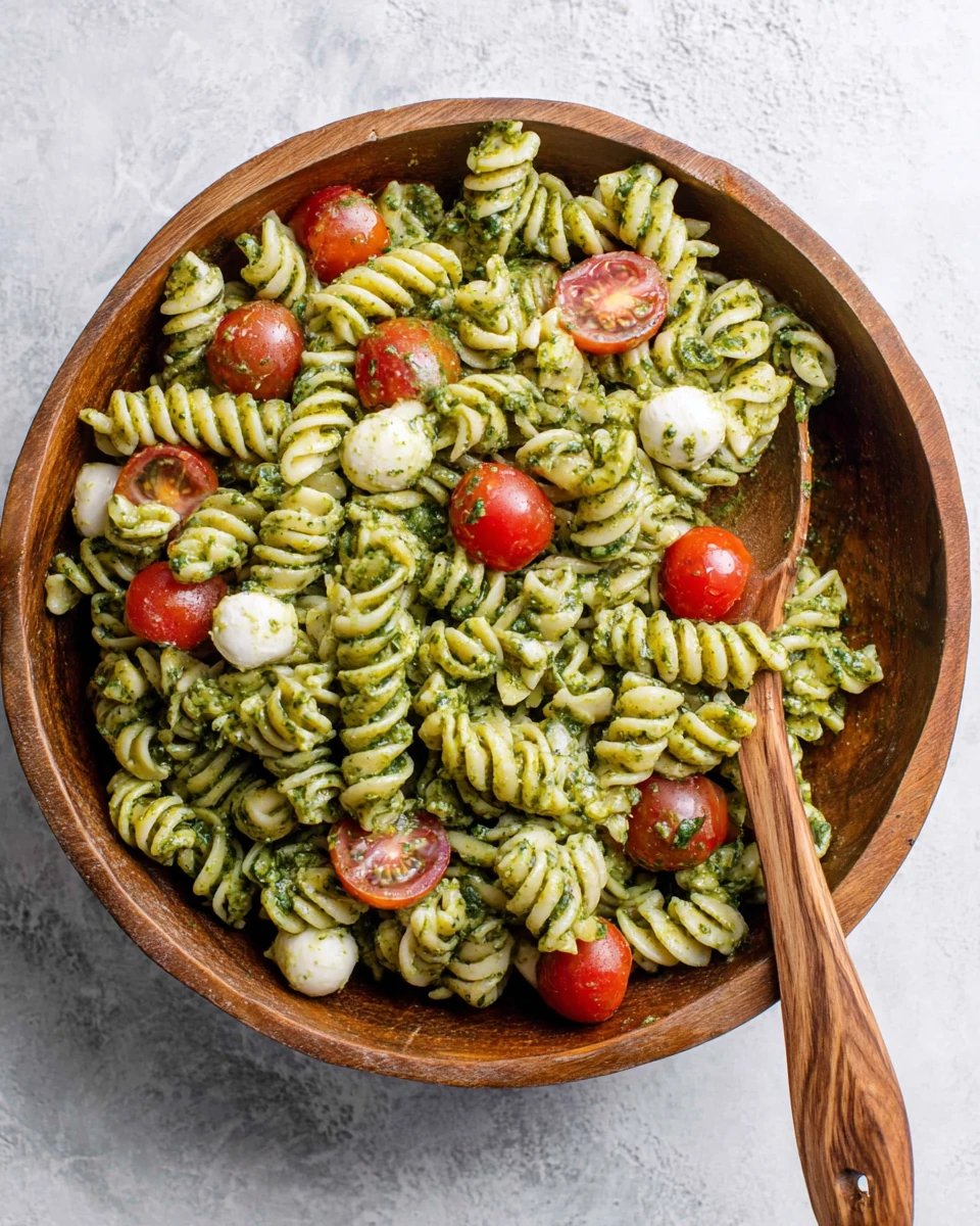 Fresh pesto pasta salad featuring cherry tomatoes and mozzarella.