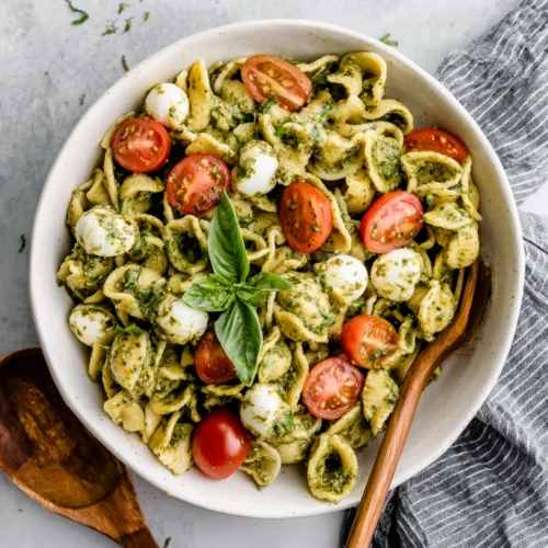 Delicious pesto pasta salad bursting with flavor.