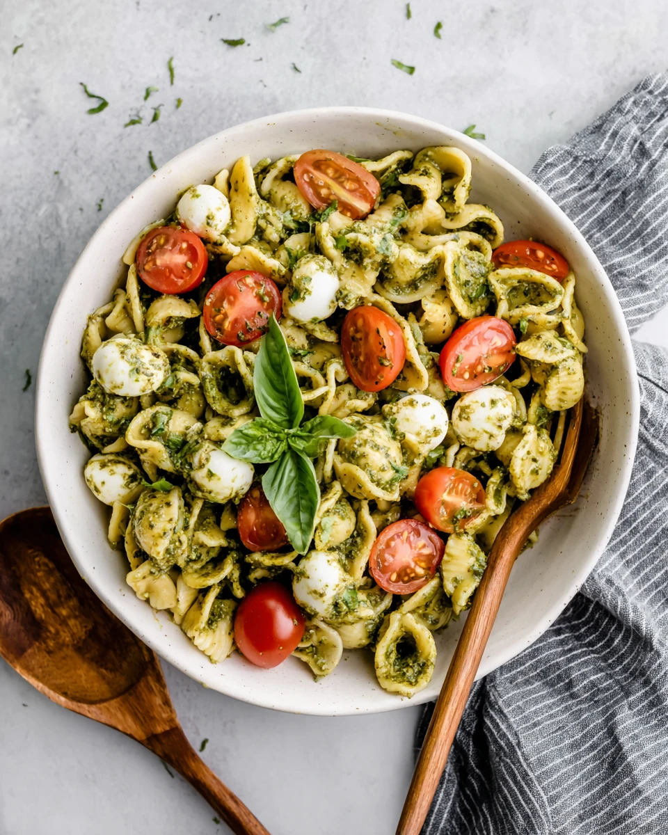 Delicious pesto pasta salad bursting with flavor.