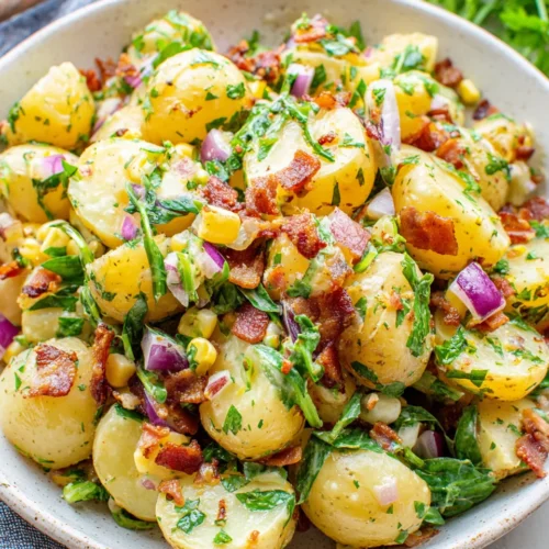 Creamy potato salad with bacon, corn, spinach, and herbs in a white bowl