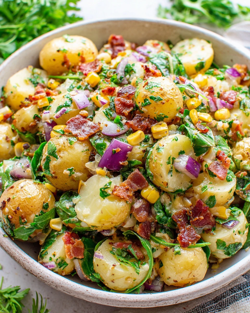 Creamy potato salad with bacon, corn, and fresh herbs in a white bowl