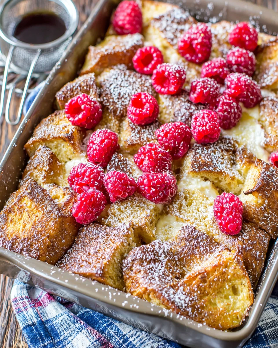 Raspberry cream cheese French toast bake topped with fresh berries and powdered sugar