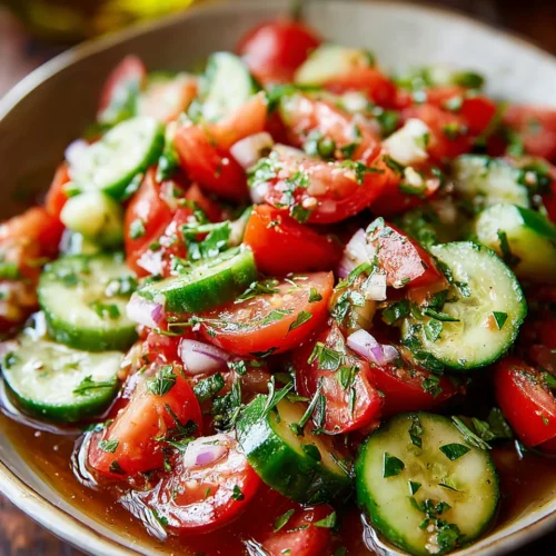 Delicious rustic Italian cucumber and tomato salad with fresh herbs.