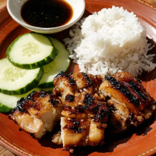 Seattle style teriyaki chicken with rice and cucumbers on a plate