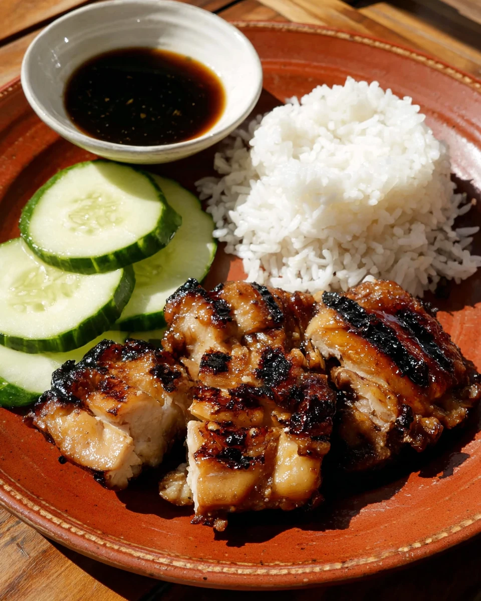 Seattle style teriyaki chicken with rice and cucumbers on a plate