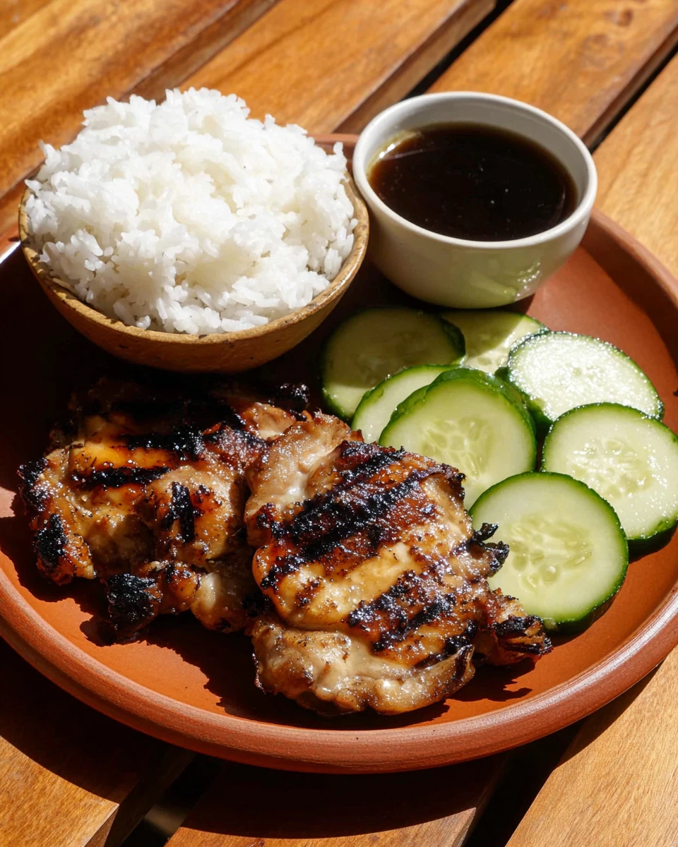 Seattle style teriyaki chicken with rice and cucumbers on a plate