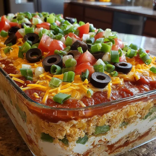 Seven layer taco dip with olives, cheese, salsa, and green onions.