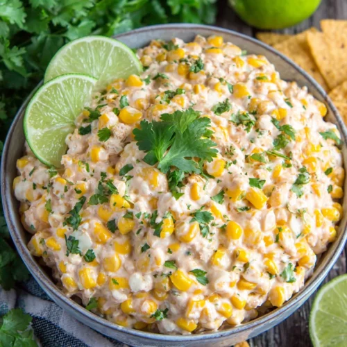 Delicious slow cooker Mexican street corn dip served warm.