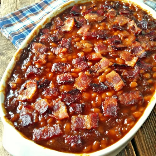 Southern-style baked beans with bacon in a white dish, topped with crispy bacon