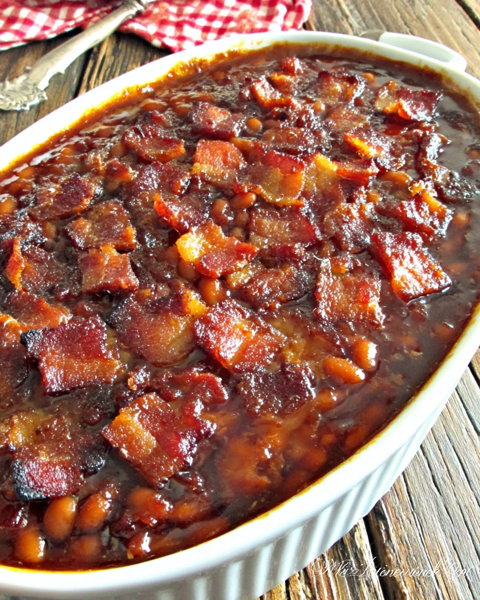 Southern-style baked beans with bacon in a white dish, topped with crispy bacon bits
