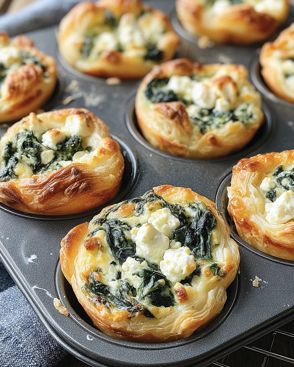 Spinach feta puff pastry bites in a muffin tin, golden and flaky