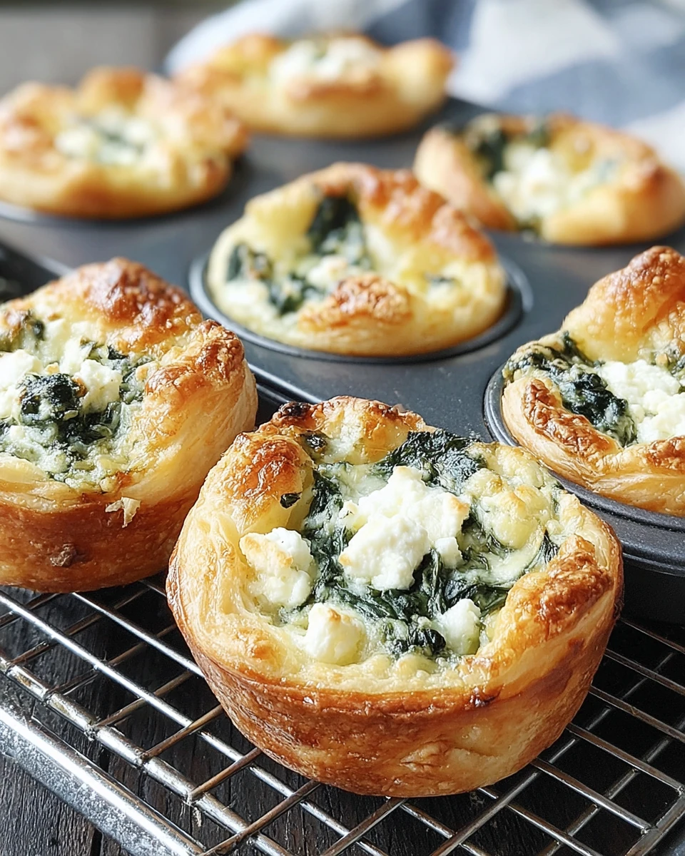 Golden spinach feta puff pastry bites in a muffin tin, fresh from the oven