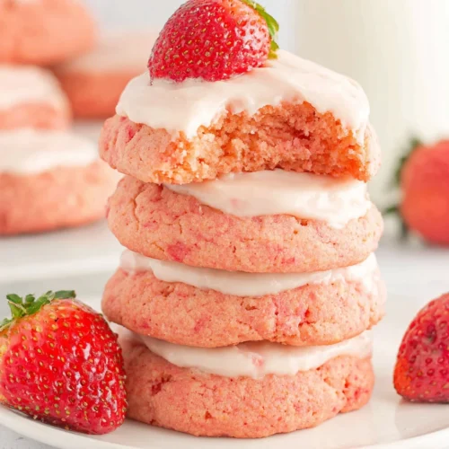 Delicious strawberry cake mix cookies, soft and chewy.