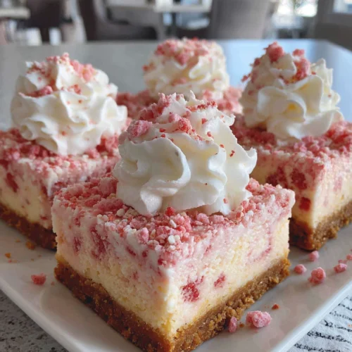 Delicious strawberry crunch cheesecake bars for dessert lovers.