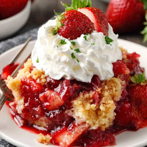 Strawberry dump cake with whipped cream, delicious and easy dessert.