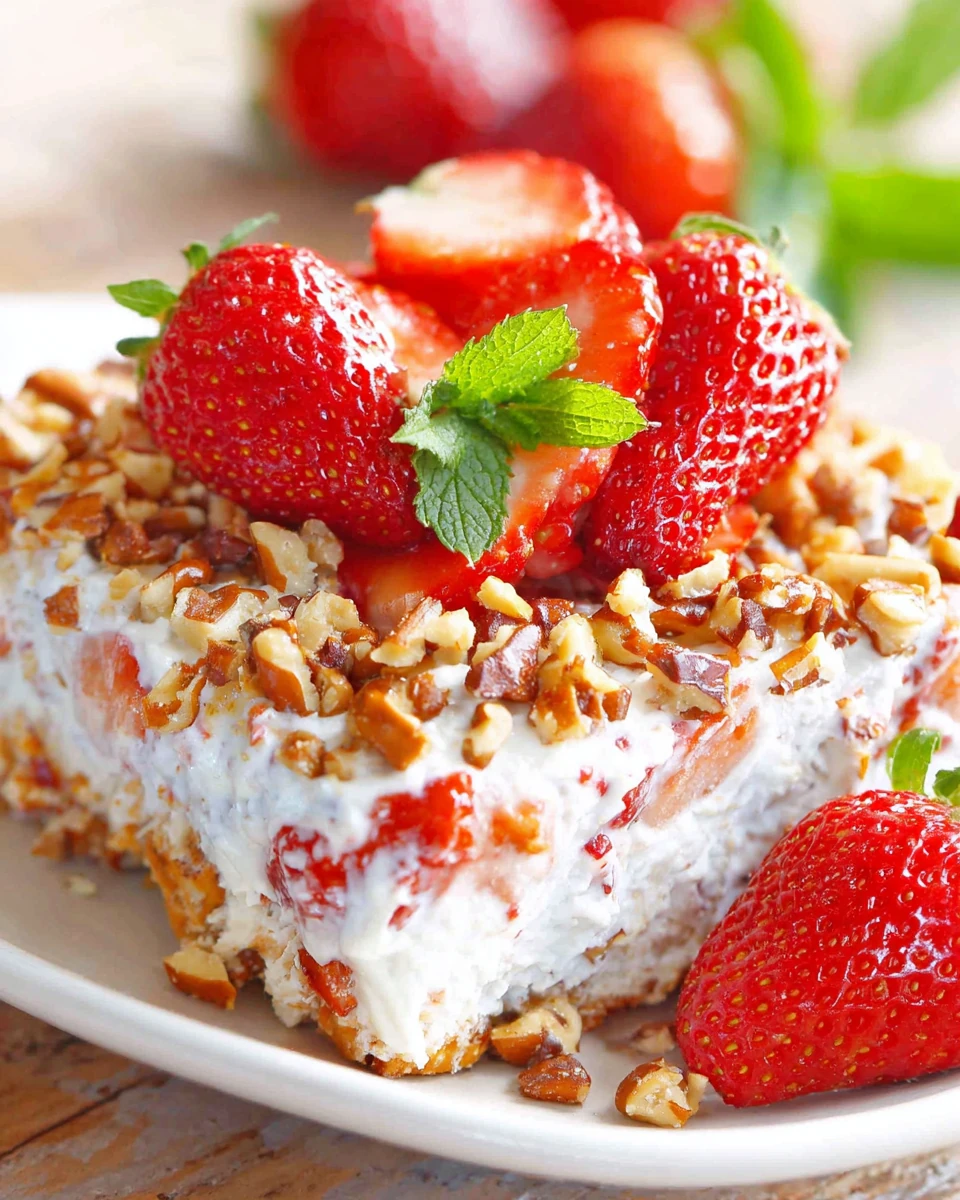 Delicious strawberry pecan pretzel salad dessert