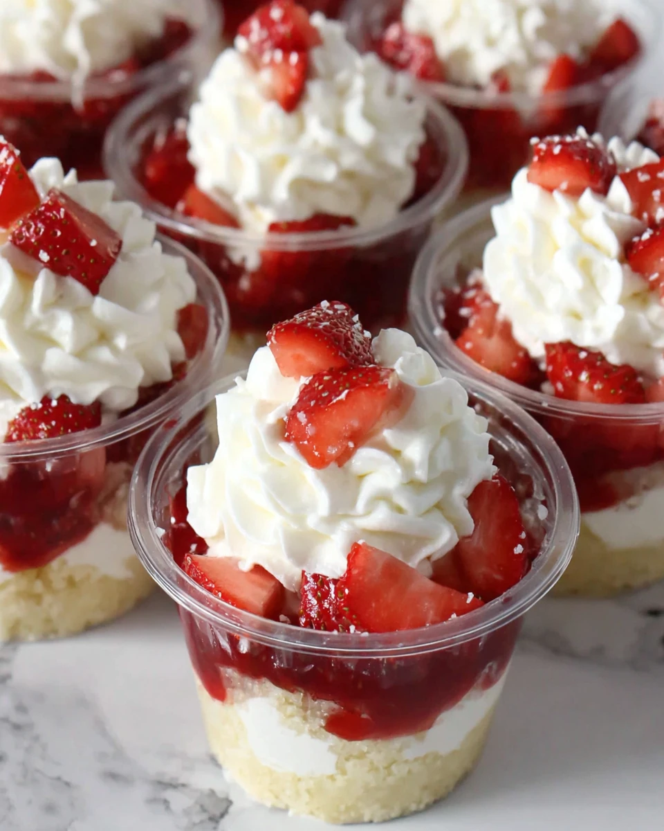 Strawberry shortcake dessert cups with layers of cake, strawberry sauce, and whipped cream topped with fresh strawberries