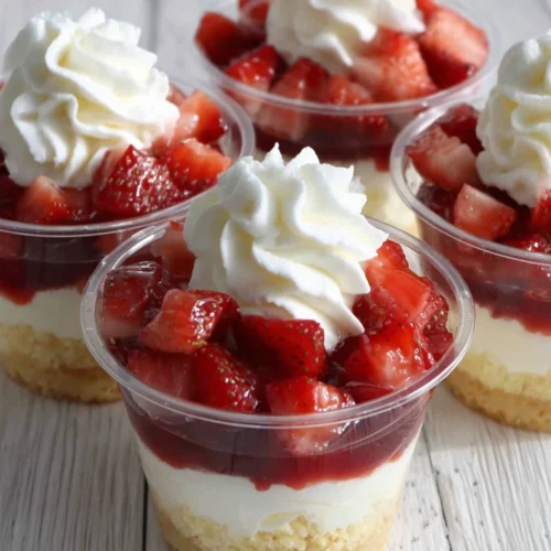 Strawberry shortcake dessert cups with layered cake, strawberry sauce, whipped cream, and fresh strawberries