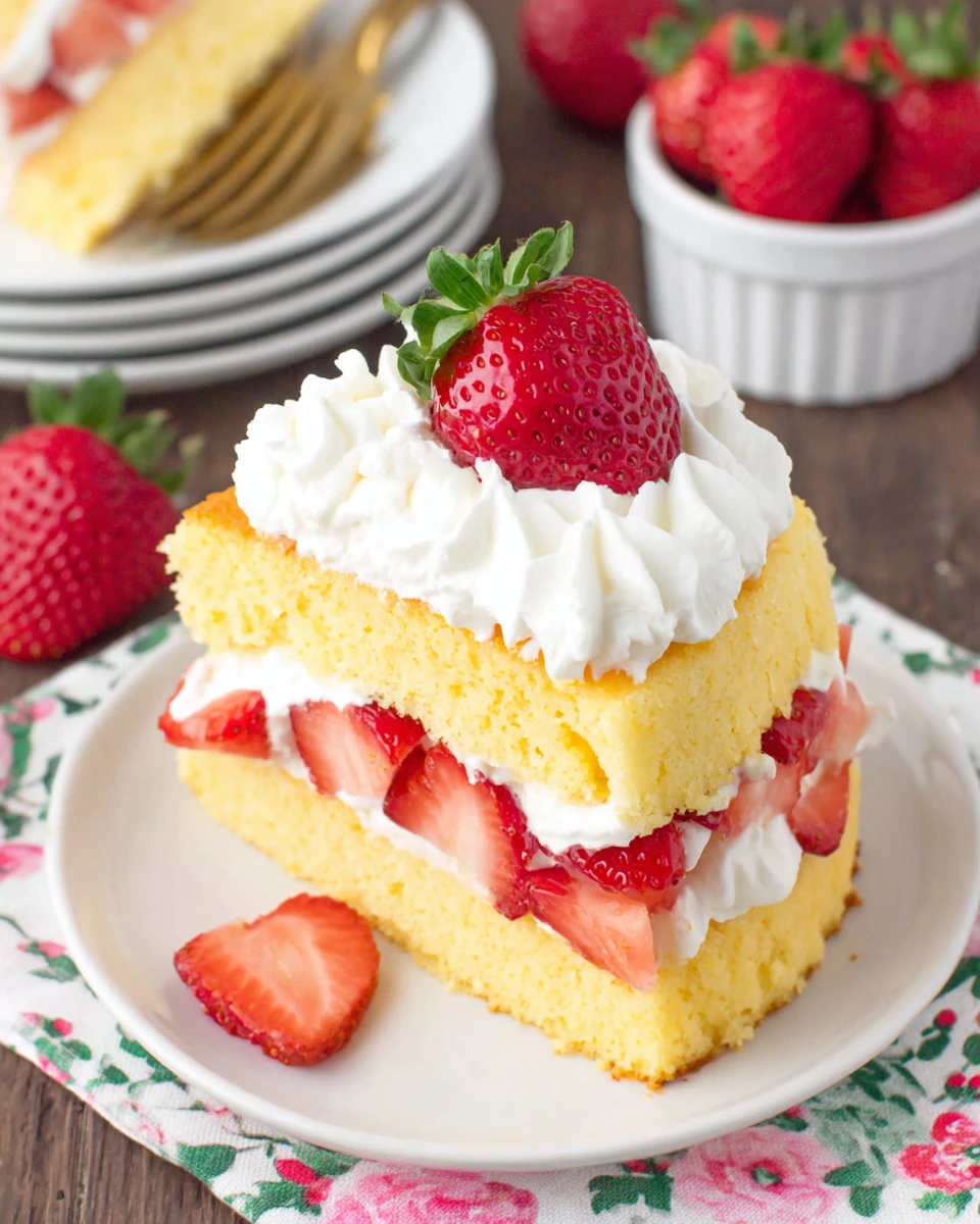 Strawberry shortcake with fresh strawberries and whipped cream on a white plate.