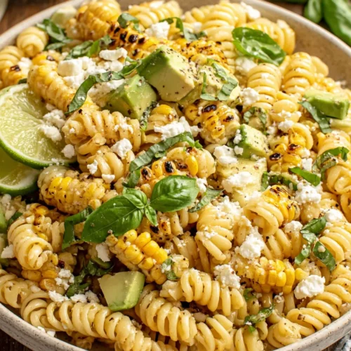 Street corn pasta salad with grilled corn, avocado, and lime in a white bowl