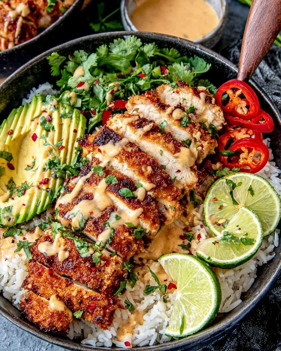 Sweet chili chicken bowl with creamy drizzle, rice, and fresh garnishes