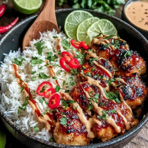 Sweet chili chicken bowl with rice, coconut drizzle, lime, and cilantro