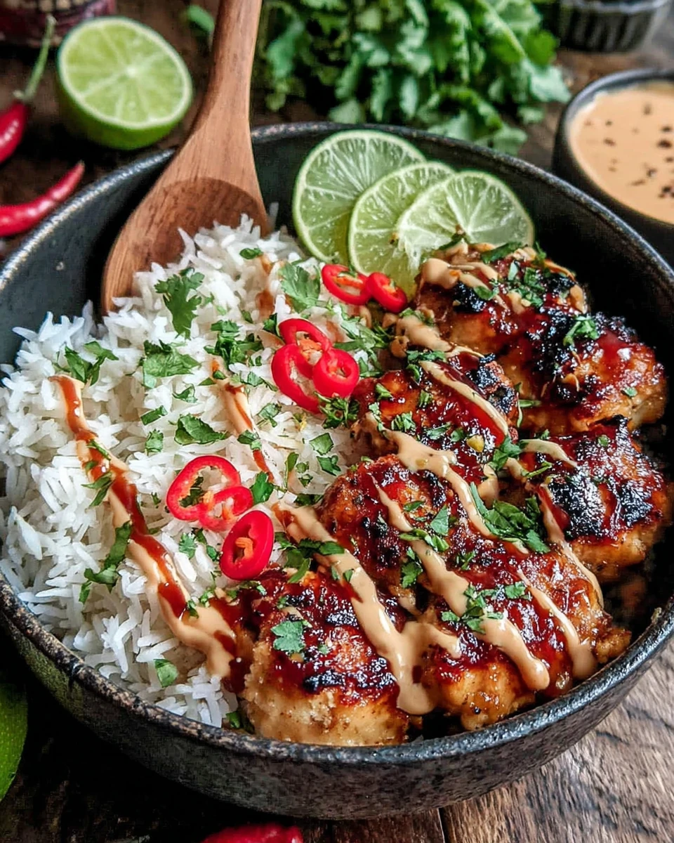 Sweet chili chicken bowl with rice, coconut drizzle, lime, and cilantro