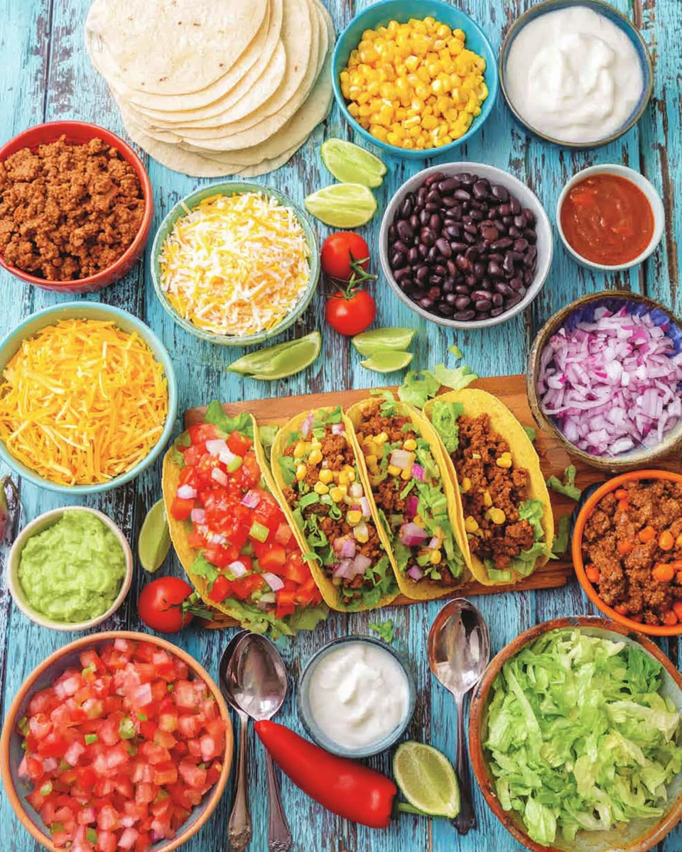 Taco Bar Spread with Fresh Toppings and Sauces Colorful taco bar with tortillas, meats, cheeses, salsas, and fresh toppings on a blue wooden table.