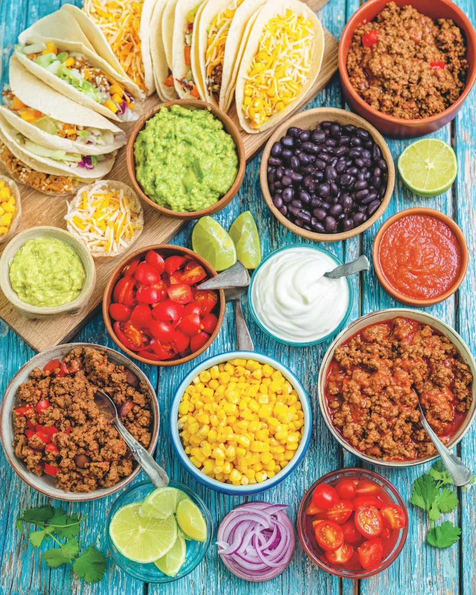Taco Bar Spread with Fresh Toppings and Sauces Colorful taco bar with fresh toppings, tortillas, and sauces on a blue wooden table