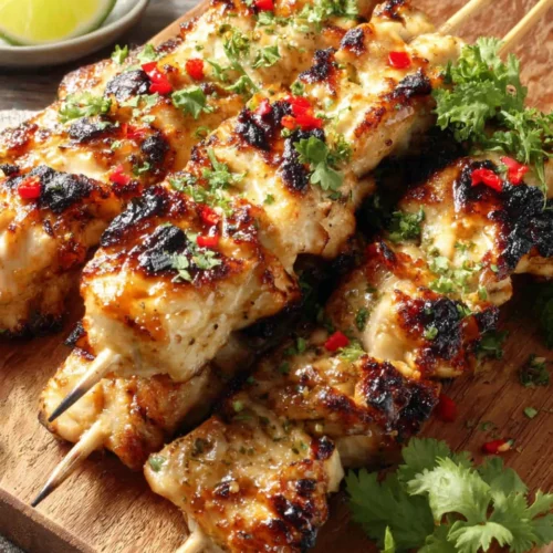 Thai Coconut Chili Chicken Skewers: A Flavorful Delight 1 Thai coconut chili chicken skewers with charred edges and fresh cilantro garnish