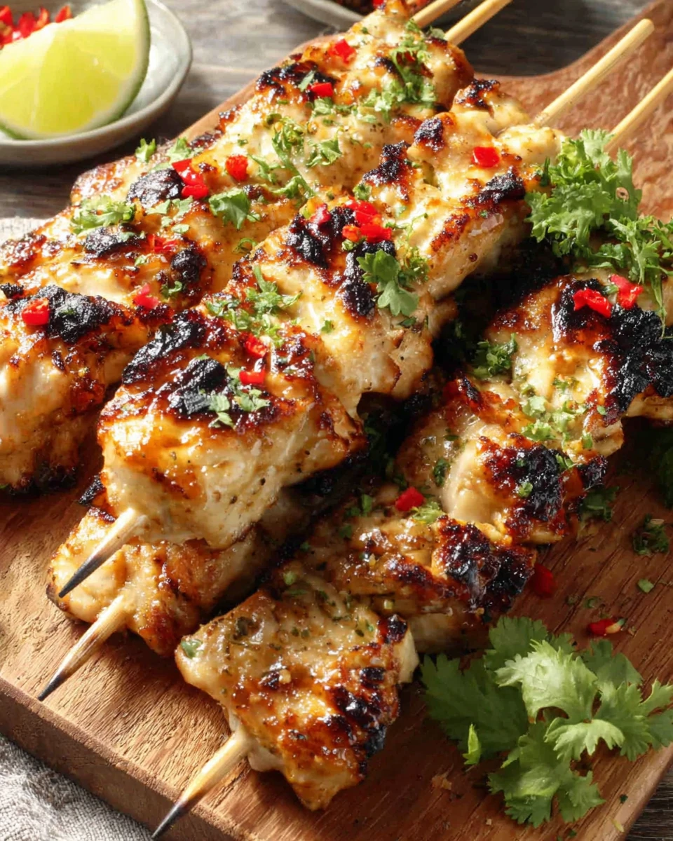 Thai Coconut Chili Chicken Skewers with Cilantro Garnish Thai coconut chili chicken skewers with charred edges and fresh cilantro garnish