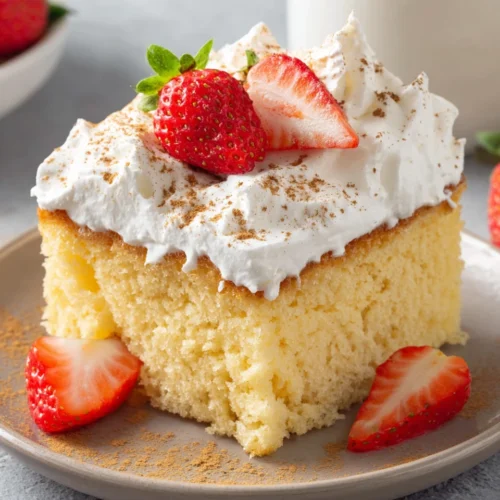 Delicious tres leches cake with strawberry garnish.