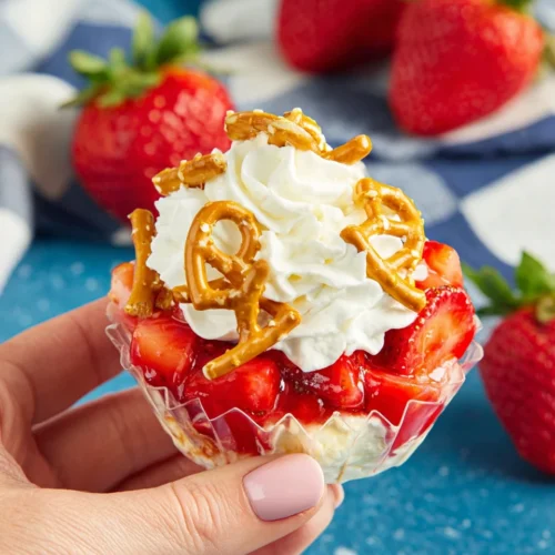 Delicious walking strawberry pretzel salad in a bag.