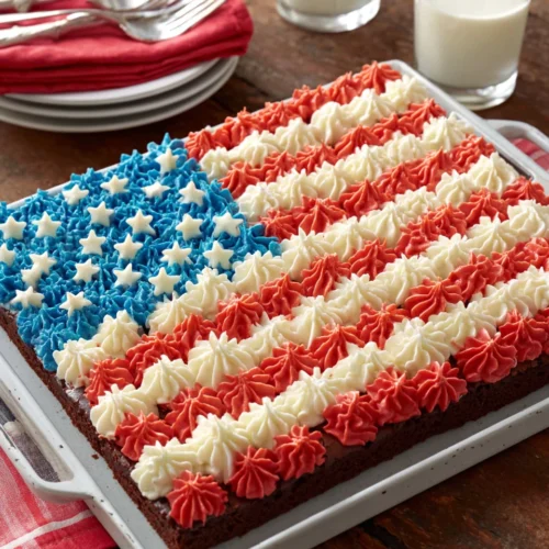 4th of July brownies decorated with red, white, and blue frosting in American flag design
