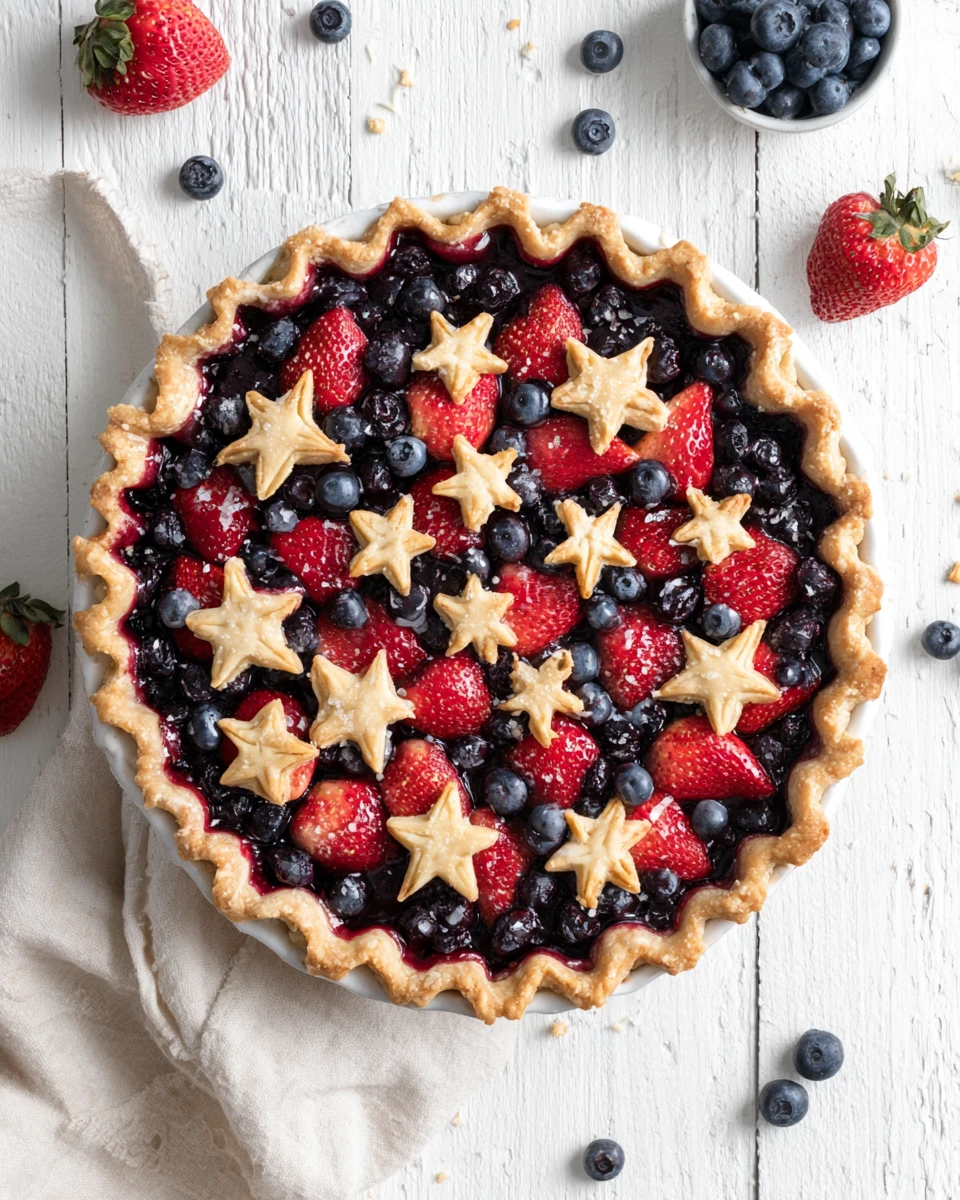 Patriotic 4th of July pie with red, white, and blue fruit filling and flag design